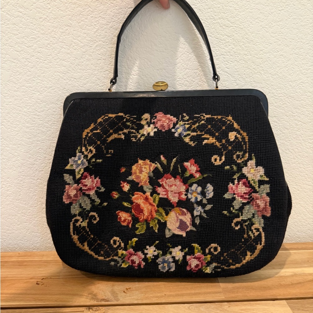 Vintage Large Black Floral Tapestry Top-Handle Bag - 15”wide x 11”high bag only
